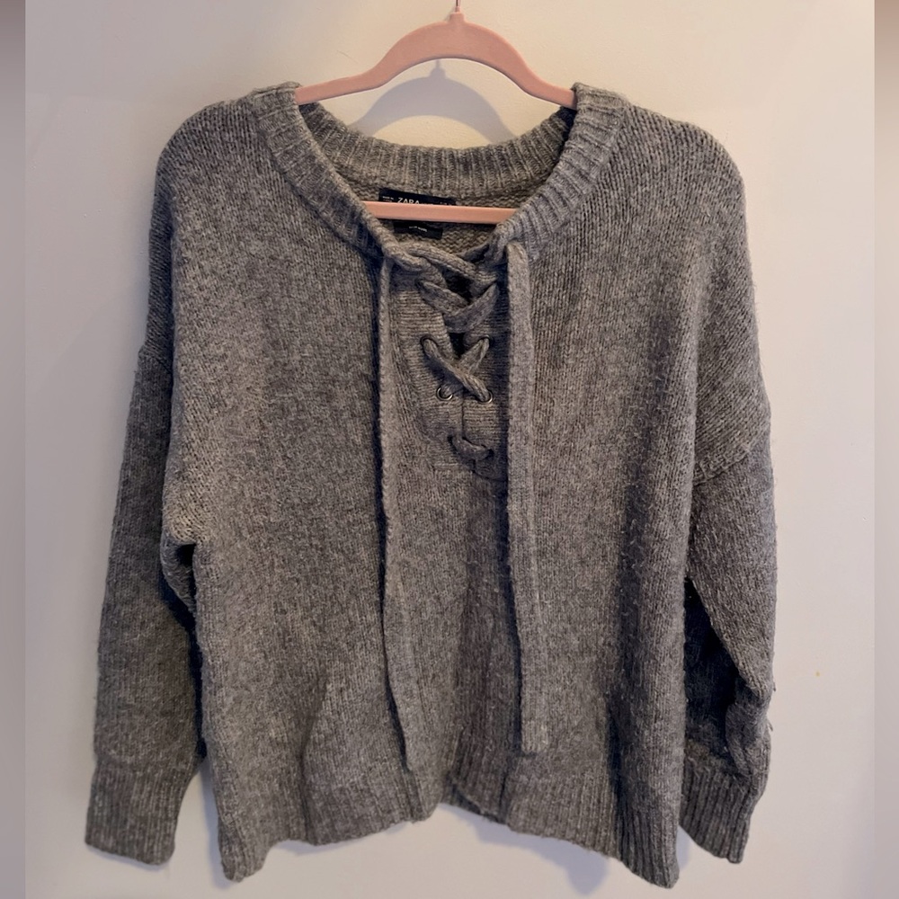 Zara Knit Sweater Women's Medium Gray Wool Lace Up Oversized Raglan